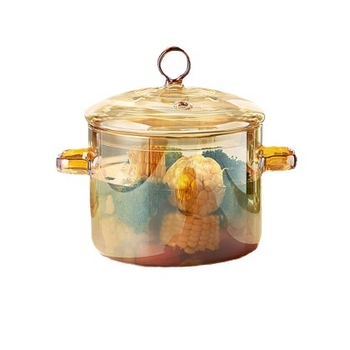 Oală de supă din sticlă borosilicat, de culoare aurie, pentru supe și tocană, rezistentă la temperaturi înalte, compatibilă cu foc deschis și plite, 1,1–2 L