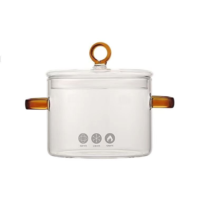 Oală de supă din sticlă borosilicat, de culoare aurie, pentru supe și tocană, rezistentă la temperaturi înalte, compatibilă cu foc deschis și plite, 1,1–2 L