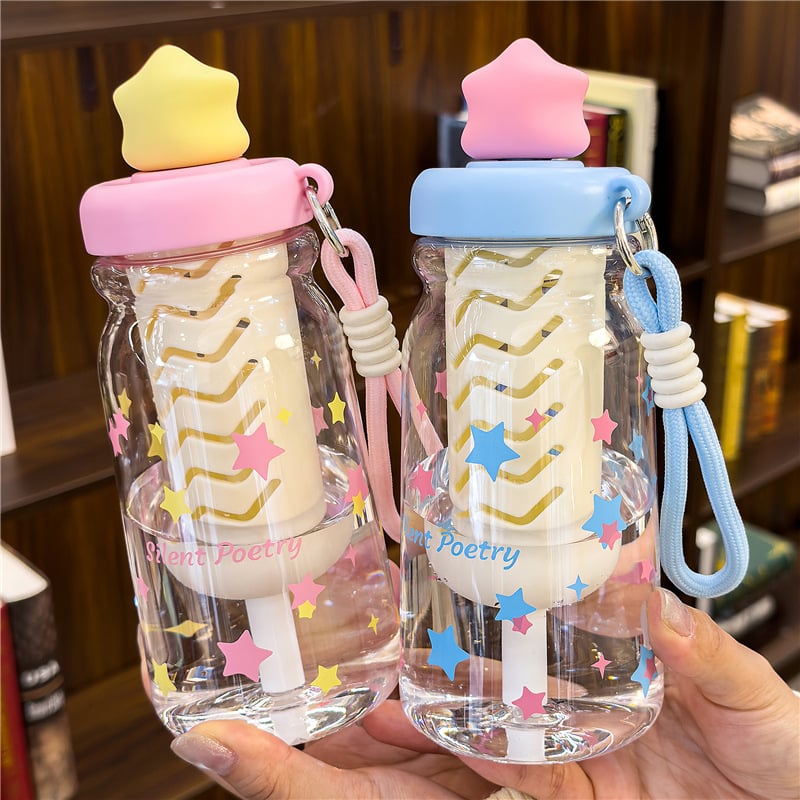 Star Language Bubble Straw Cup για παιδιά και μαθητές, φορητή πλαστική κούπα νερού με χαριτωμένη λαβή σε cartoon σχέδιο, δώρο για κορίτσια