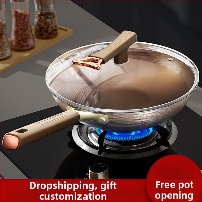 Dilotu Wok antiaderent din aliaj de aluminiu, fund adânc, capac din oțel inoxidabil cu geam, design modern minimalist