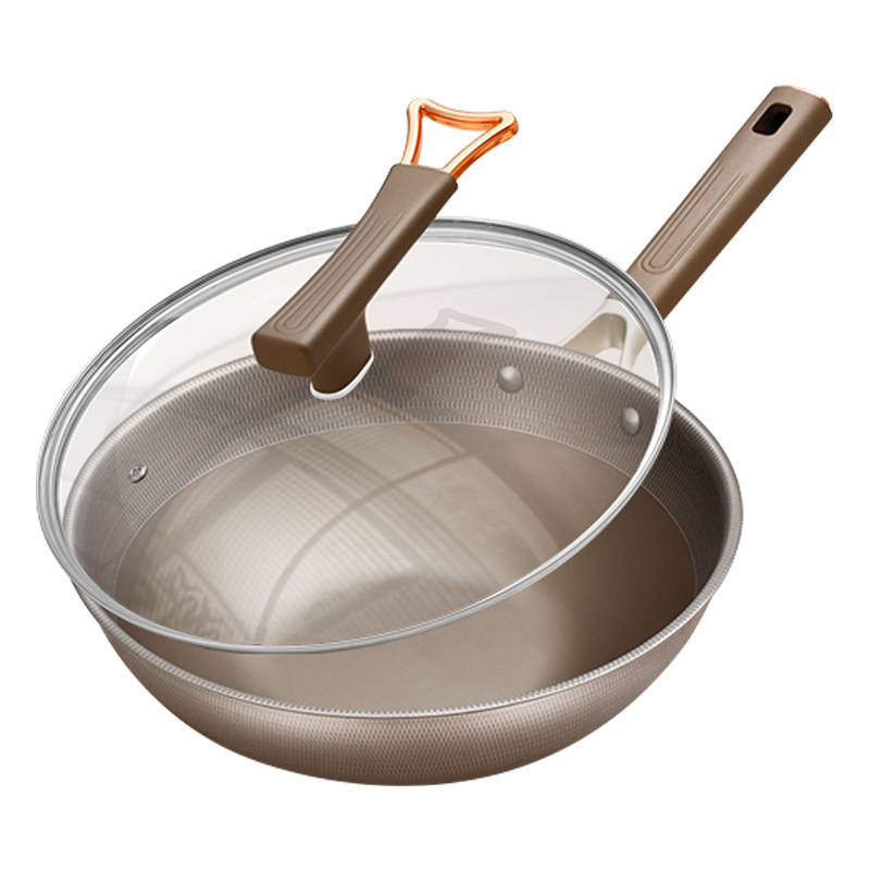 Dilotu Wok antiaderent din aliaj de aluminiu, fund adânc, capac din oțel inoxidabil cu geam, design modern minimalist