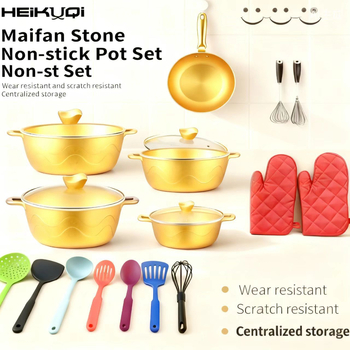Set din aluminiu turnat, antiaderent, 19 piese, cuprinde tigăni și oale