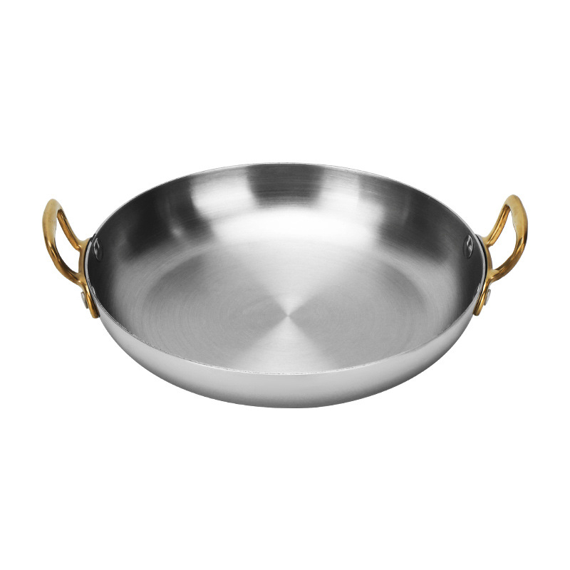 Tigaie din oțel inoxidabil 304, cu două mânere, pentru fructe de mare, wok, tigaie plată pentru orez și risotto, rotund