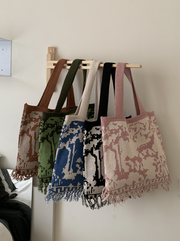 Poliesterska pletena tote torba s resicama, vintage moda, ženska torba preko ramena, tkan stil etničkog