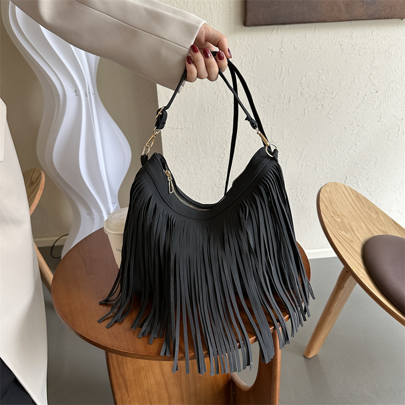 Ženska torbica za rame s resicama, velika kapaciteta, korejskog stila, crossbody sa zatvaračem na zip