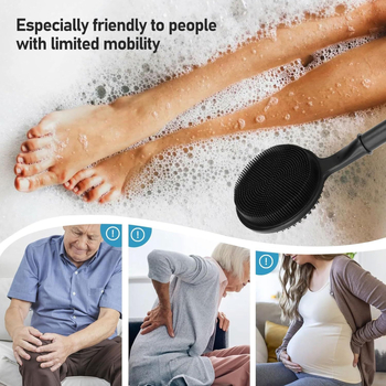 Perie de baie din silicon negru, cu mâner extensibil, pentru curățarea spatelui în duș