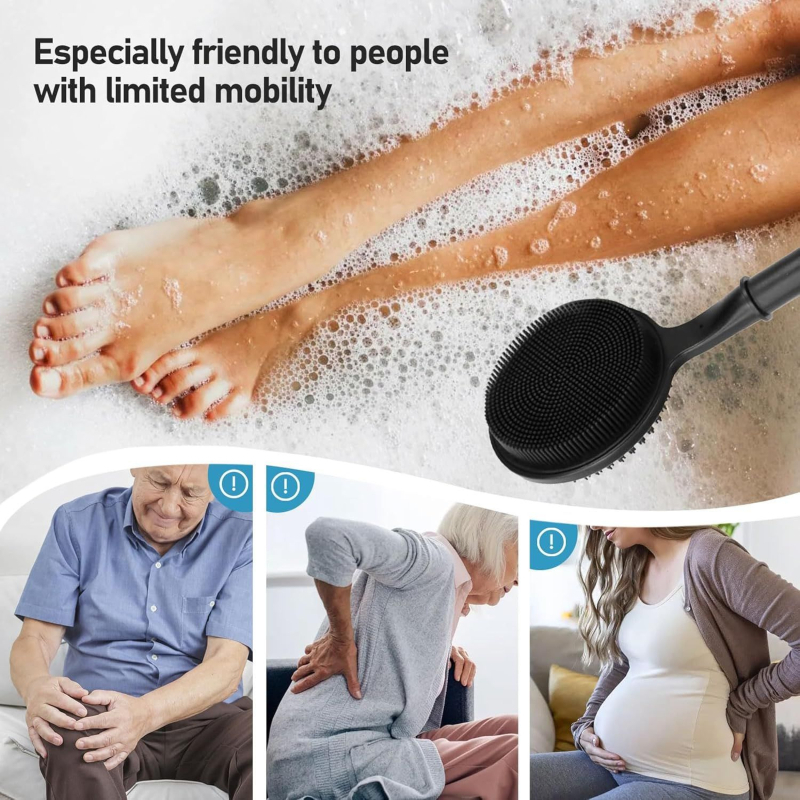 Perie de baie din silicon negru, cu mâner extensibil, pentru curățarea spatelui în duș
