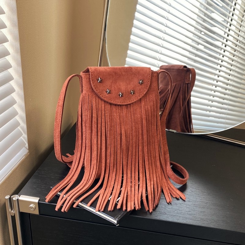 Retro torbica za telefon od nubuk kože s resicama, za žene, lagana i svestrana crossbody torbica