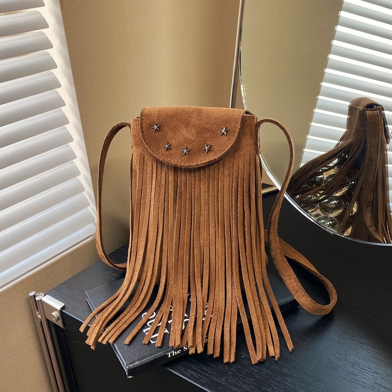 Retro torbica za telefon od nubuk kože s resicama, za žene, lagana i svestrana crossbody torbica