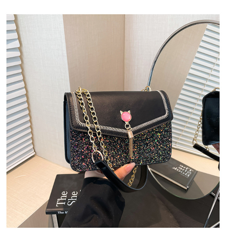 Ženska mini kvadratna torba preko ramena s pailetama, moderan patchwork i resice, retro stil
