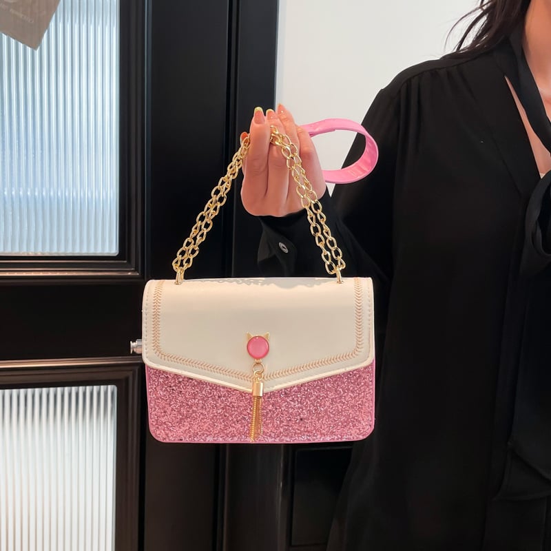 Ženska mini kvadratna torba preko ramena s pailetama, moderan patchwork i resice, retro stil