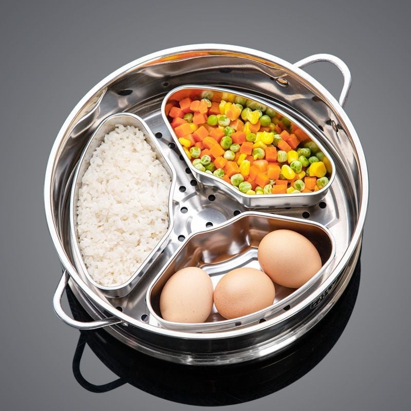 Tavă de abur din oțel inoxidabil, în formă de pală, cu capac, pentru uz casnic, grilă de abur compartimentată, compatibilă cu fierbător de orez