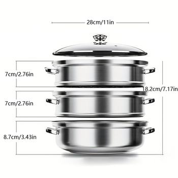 Set de gătit la aburi din oțel inoxidabil, 5 piese, diametru 28 cm, design cu mai multe niveluri, clipsuri anti-arzire