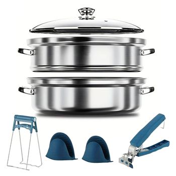 Set de gătit la aburi din oțel inoxidabil, 5 piese, diametru 28 cm, design cu mai multe niveluri, clipsuri anti-arzire