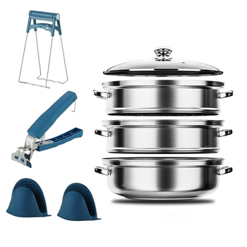 Set de gătit la aburi din oțel inoxidabil, 5 piese, diametru 28 cm, design cu mai multe niveluri, clipsuri anti-arzire