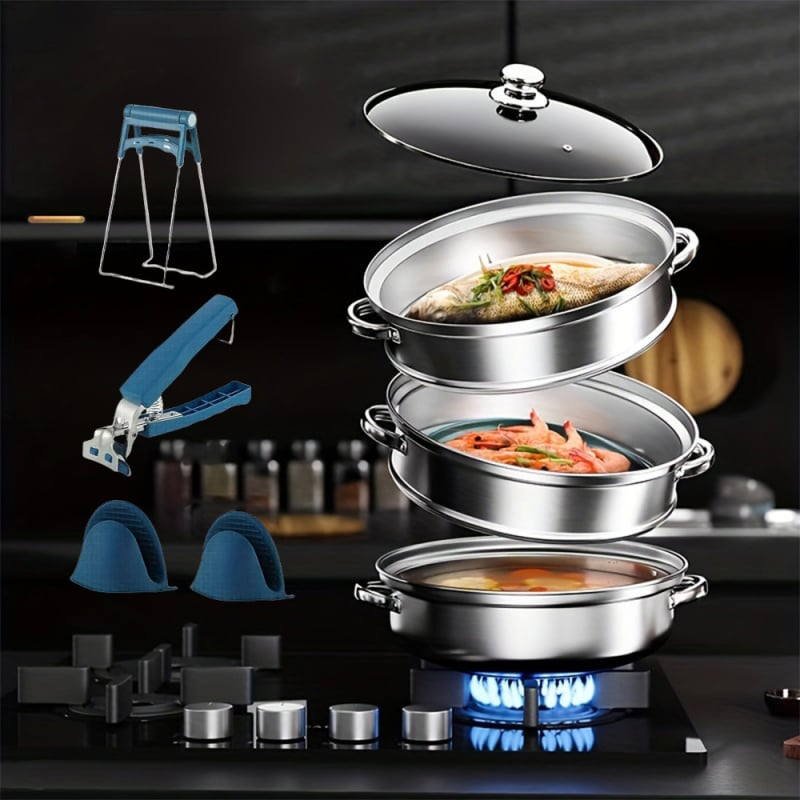 Set de gătit la aburi din oțel inoxidabil, 5 piese, diametru 28 cm, design cu mai multe niveluri, clipsuri anti-arzire