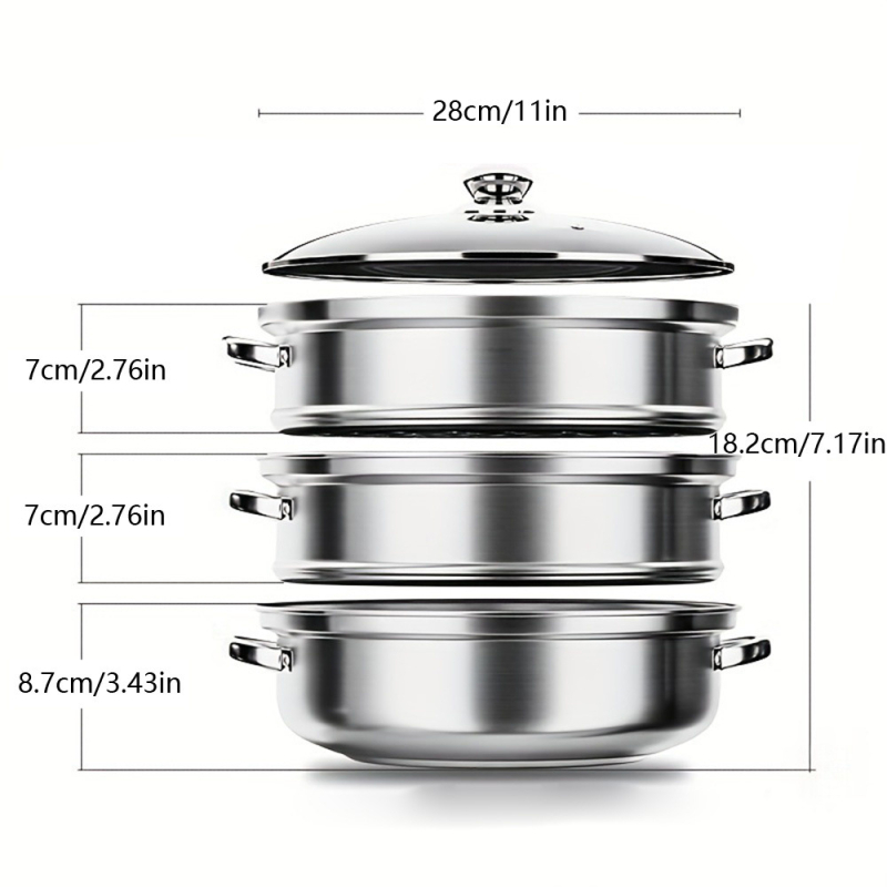 Set de gătit la aburi din oțel inoxidabil, 5 piese, diametru 28 cm, design cu mai multe niveluri, clipsuri anti-arzire