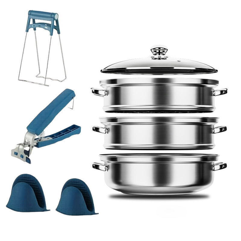 Set de gătit la aburi din oțel inoxidabil, 5 piese, diametru 28 cm, design cu mai multe niveluri, clipsuri anti-arzire