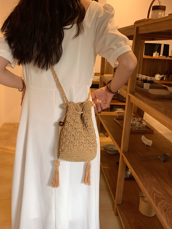 Boemska pletena mini torbica za žene s resicama, torba u stilu kofera, crossbody torba za mobitel
