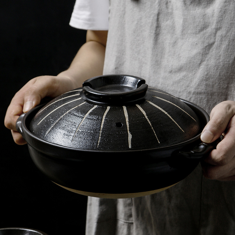 Oală ceramică japoneză pentru ghiveci, compatibilă cu plita pe gaz, rezistentă la temperaturi înalte, 2,1–3 L
