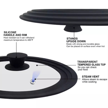 Capac universal pentru oală, din sticlă temperată și silicon, dimensiuni 24-26-28 cm