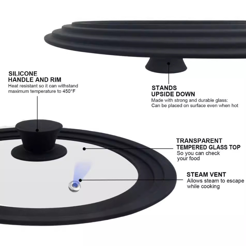 Capac universal pentru oală, din sticlă temperată și silicon, dimensiuni 24-26-28 cm