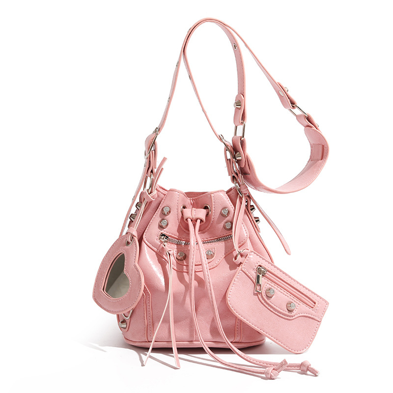 Nova ženska torba s šnimom u bucket stilu, s zakovicama, moto stil, trodijelni set, široka naramenica za ramena, crossbody.