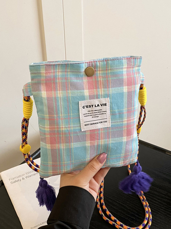 Ženska crossbody torbica u Ins stilu, proljeće-ljeto, casual retro karirana patchwork torba od lagane tkanine