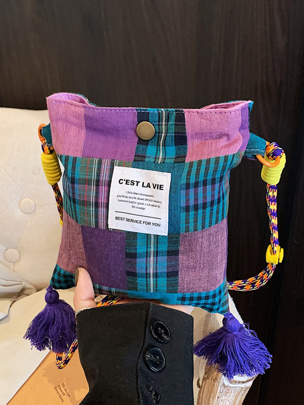 Ženska crossbody torbica u Ins stilu, proljeće-ljeto, casual retro karirana patchwork torba od lagane tkanine