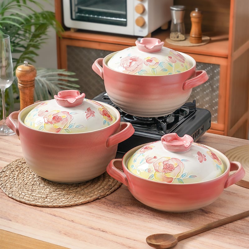 Oală de ceramică pictată manual, rezistentă la temperaturi înalte, potrivită pentru gătit uscat, oală de lut pentru orez și gulaș, cu capac