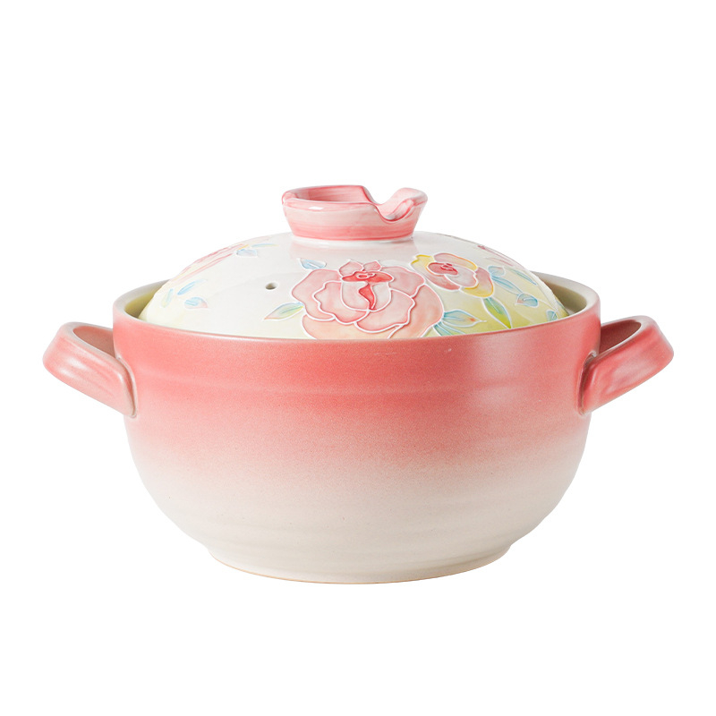 Oală de ceramică pictată manual, rezistentă la temperaturi înalte, potrivită pentru gătit uscat, oală de lut pentru orez și gulaș, cu capac