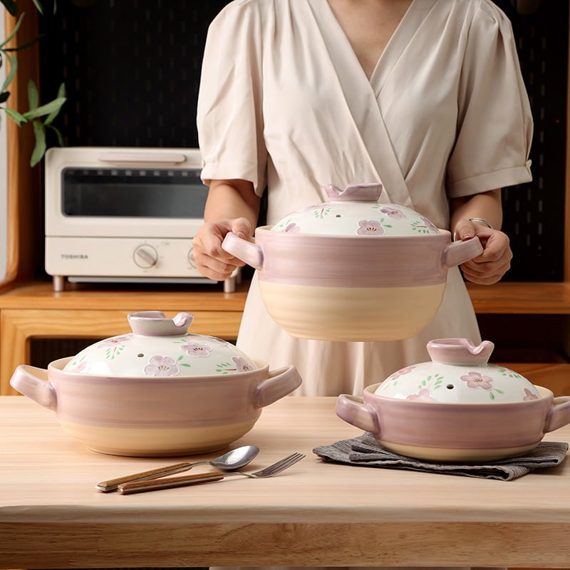 Caserolă ceramică în stil japonez, pictată manual, rezistentă la temperaturi înalte, cu capac