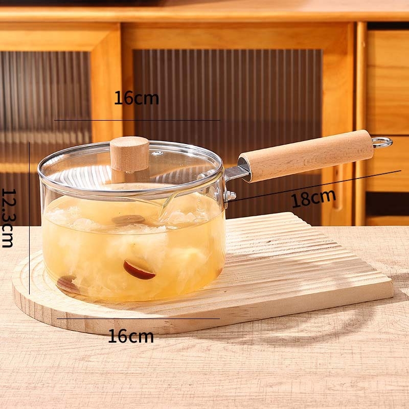 Oală din sticlă borosilicată cu mâner unic, pentru supe și tocană, capac din sticlă temperată, 1.1–2 L, stil luxos ușor