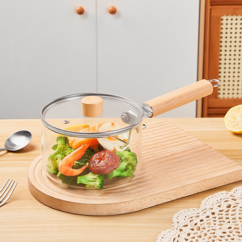 Oală din sticlă borosilicată cu mâner unic, pentru supe și tocană, capac din sticlă temperată, 1.1–2 L, stil luxos ușor