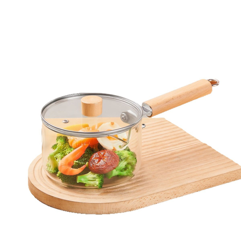 Oală din sticlă borosilicată cu mâner unic, pentru supe și tocană, capac din sticlă temperată, 1.1–2 L, stil luxos ușor