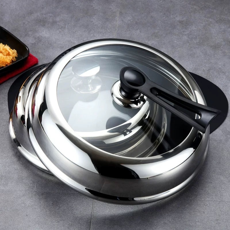 Capac înalt din oțel inoxidabil cu sticlă transparentă pentru wok, gătit cu aburi și oală de fontă – capac universal
