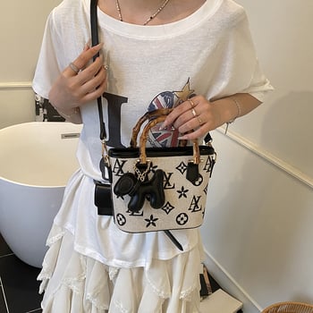 Potiskana crossbody bucket torba s bambuskom ručkom, mala, gradski stil