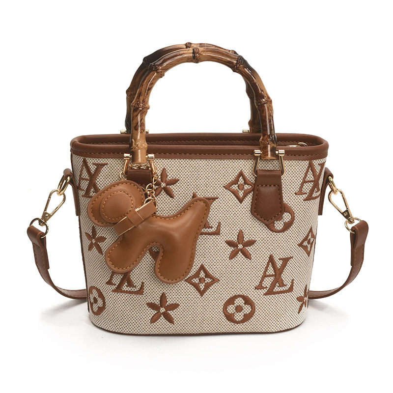 Potiskana crossbody bucket torba s bambuskom ručkom, mala, gradski stil