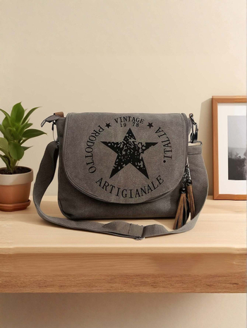 Retro platnena torba preko ramena za žene, casual messenger torba, otisak zvjezdnog loga, velika kapaciteta