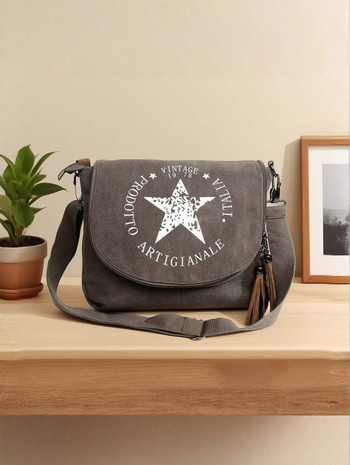 Retro platnena torba preko ramena za žene, casual messenger torba, otisak zvjezdnog loga, velika kapaciteta