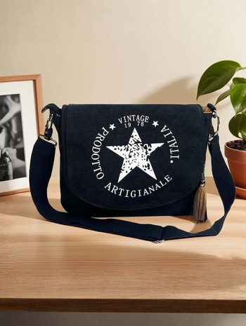 Retro platnena torba preko ramena za žene, casual messenger torba, otisak zvjezdnog loga, velika kapaciteta