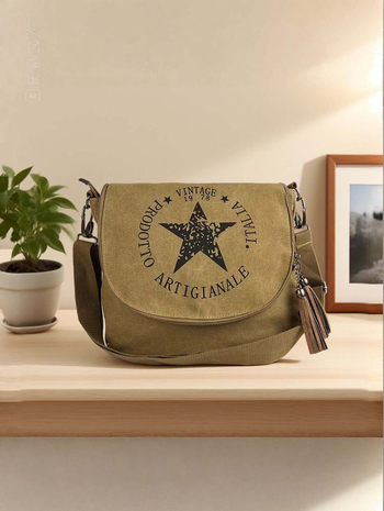 Retro platnena torba preko ramena za žene, casual messenger torba, otisak zvjezdnog loga, velika kapaciteta