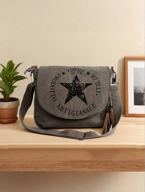 Retro platnena torba preko ramena za žene, casual messenger torba, otisak zvjezdnog loga, velika kapaciteta