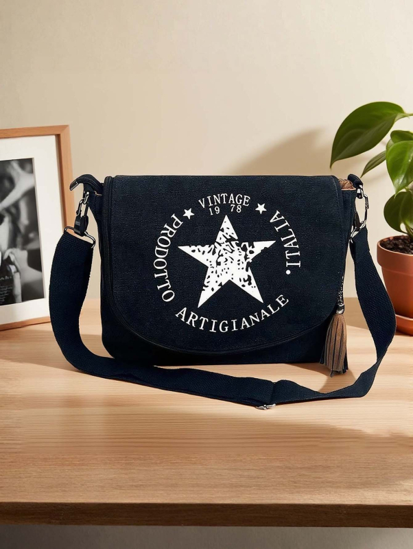 Retro platnena torba preko ramena za žene, casual messenger torba, otisak zvjezdnog loga, velika kapaciteta