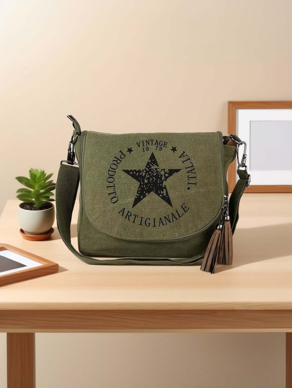 Retro platnena torba preko ramena za žene, casual messenger torba, otisak zvjezdnog loga, velika kapaciteta