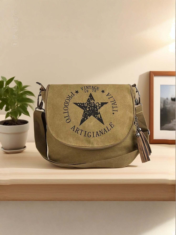 Retro platnena torba preko ramena za žene, casual messenger torba, otisak zvjezdnog loga, velika kapaciteta