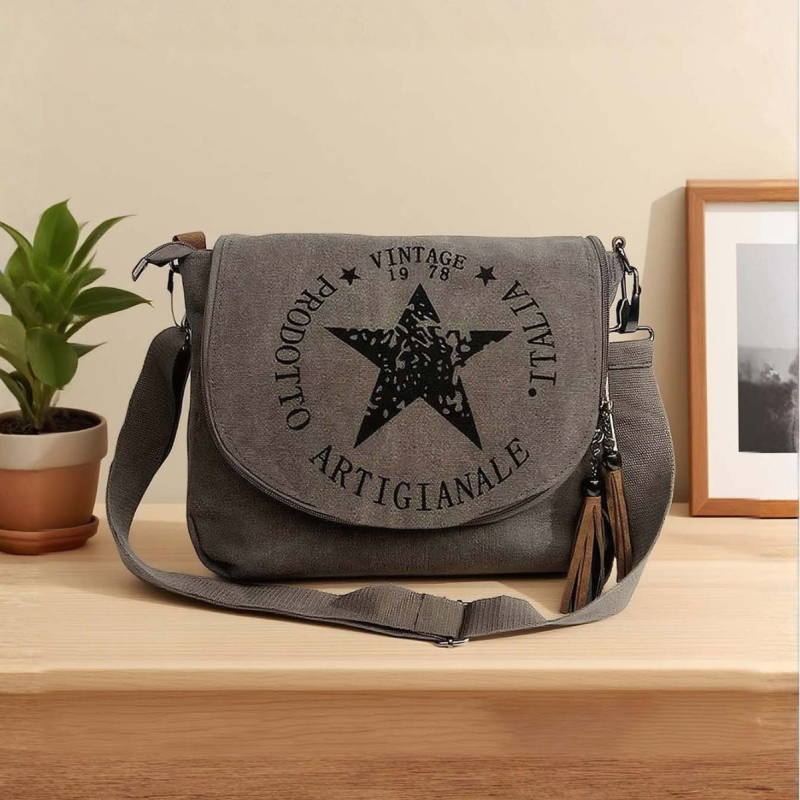 Retro platnena torba preko ramena za žene, casual messenger torba, otisak zvjezdnog loga, velika kapaciteta