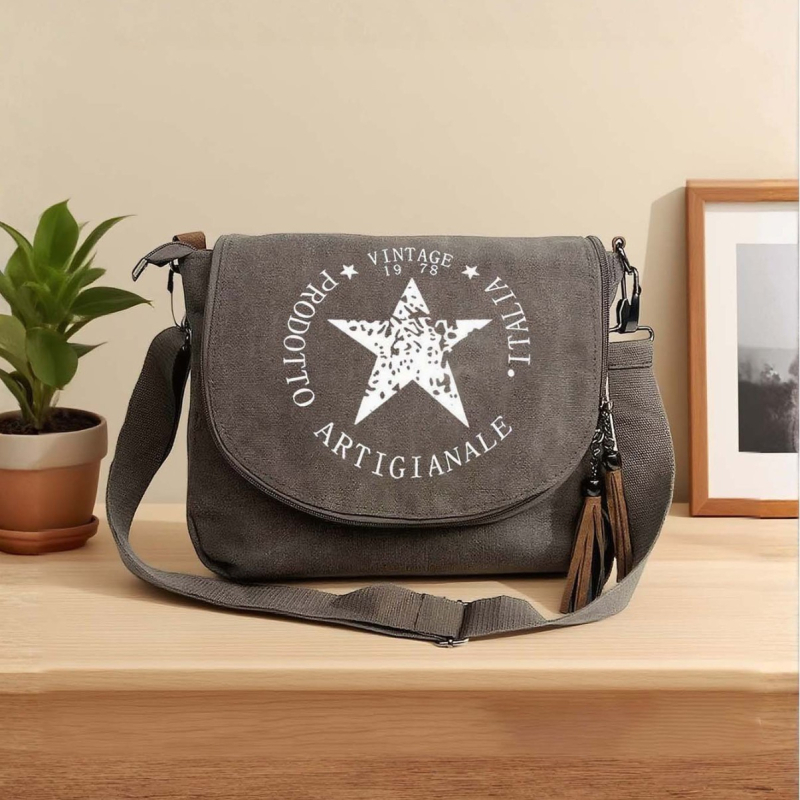 Retro platnena torba preko ramena za žene, casual messenger torba, otisak zvjezdnog loga, velika kapaciteta