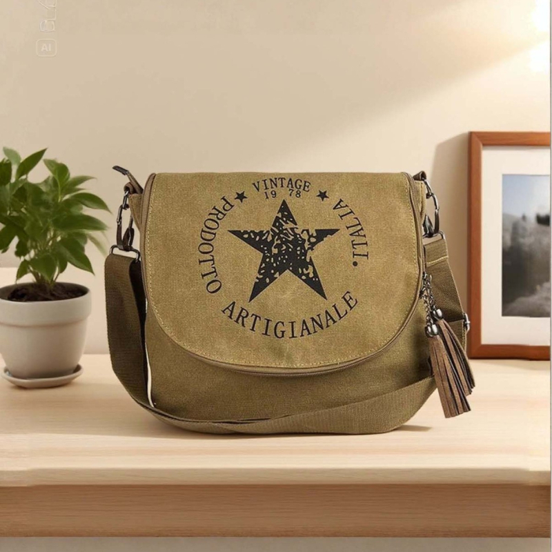 Retro platnena torba preko ramena za žene, casual messenger torba, otisak zvjezdnog loga, velika kapaciteta