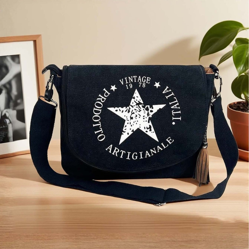 Retro platnena torba preko ramena za žene, casual messenger torba, otisak zvjezdnog loga, velika kapaciteta